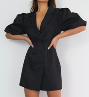Gaun wanita gaun wanita elegan tipis Mini Puff lengan V leher V hitam jubah Blazer gaun wanita