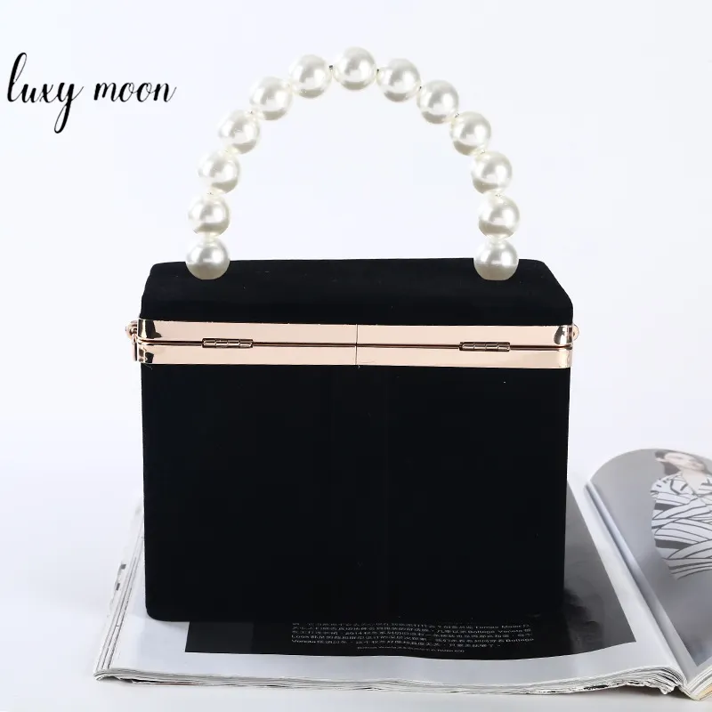 Simple Box Shape Plain Black Velvet Pearl Chain Large Capacity Evening Clutch Bag Wedding Dinner Bag NE193