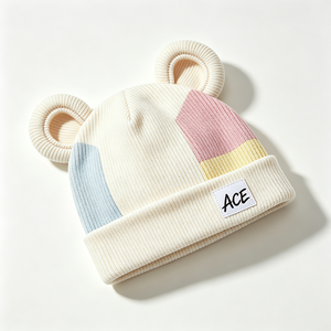 Lindo Gorro de Punto para Bebé con Orejas de Oso, Diseño de Bloques de Color, Acanalado, Suave y Elástico, 100% Acrílico, Marca ACE, Primavera, Otoño, Viajes - Product Image 3