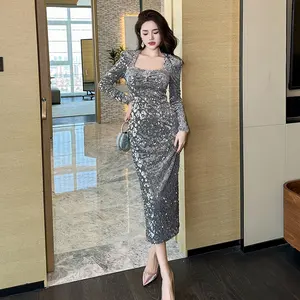 ZYHT 21028 Square Collar Bling Bling Sequin Velvet One Piece Dress Skinny Back Split Sexy Full Sleeve Women Dress