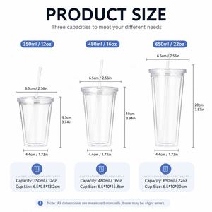 แก้วน้ำอะคริลิคสองชั้น ปราศจากสาร BPA ขนาด 12oz 16oz 22oz 24oz สำหรับน้ำผลไม้ น้ำเปล่า ชา กาแฟ พร้อมหลอดและฝาปิด ขายส่ง - Product Image 3