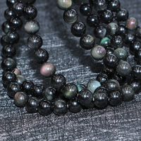 Perles de pierre naturelle en obsidienne noire arc-en-ciel lisses et rondes de 4 à 16 mm pour bracelet et collier