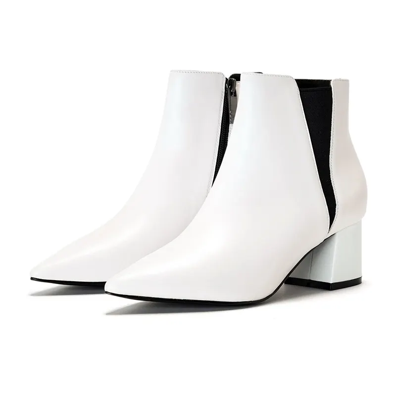 Guangdong Shoes Manufacturing Pointed Toe With Elastic Band Block Heels Women White Winter Boot