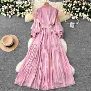Vestido Midi Casual de Manga Larga con Cintura Imperio para Mujer, Tejido Transpirable y Lavable, con Estampado en Relieve, Estilo Ecológico para Otoño - Product Image 4