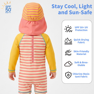 Traje de Baño de una Pieza para Bebés Niños, UPF 50+, Manga Larga, con Gorro para el Sol, Cierre de Cremallera y Botones a Presión, Poliéster y Elastano, para Playa y Piscina - Product Image 3
