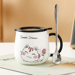 Taza de gato de dibujos animados con tapa y cuchara, taza de agua de cerámica para café de oficina y desayuno para el regreso a la escuela - Product Image 6