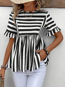 Summer Women a Line <b>Top</b> Elegant Ruffle Sleeve Striped <b>Patchwork</b> <b>Top</b> Loose Solid Short Sleeve Casual Shirt - Product Image 4