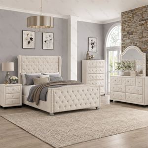 Tufted PU Leather King Size <b>Bed</b> Bedroom Set With Nightstands And Dresser For Apartment - Product Image 1