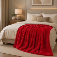 Jeté de lit de luxe rouge en fausse fourrure de lapin sculptée en 3D, double couche, épais et chaud, jacquard de Noël, peluche d'hiver, cadeau
