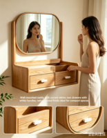 Table de toilette murale moderne en panneaux naturels, vente en gros directe usine, coiffeuse flottante avec miroir incurvé et 2 tiroirs de rangement
