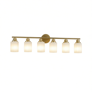 Applique murale moderne à 6 lumières pour salle de bain, finition dorée, 39 abat-jour en verre dépoli, éclairage LED blanc chaud, intensité réglable - Product Image 1