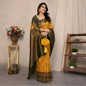 Dernier design de sari en soie jaune avec bordure verte et broderie, tenue traditionnelle pour femmes pour mariage et fêtes, avec matière pour chemisier. - Product Image 1