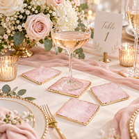 Sous-verre en quartz rose naturel avec bord doré, tranche de pierre, marque-place de mariage, décoration de table et de maison en cristal