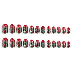 24 Uñas Postizas Ovaladas de Navidad, Color Borgoña con Purpurina, Diseño de Bayas y Copos de Nieve, Estilo Vintage Forestal, para Salón o Uso Personal - Product Image 3