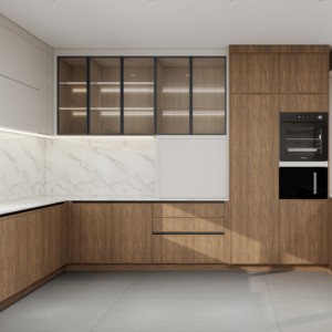 Meuble de cuisine modulaire en placage de noyer massif de style moderne avec portes à panneaux plats, évier et robinet, charnières pour personnalisation complète de la maison - Product Image 3