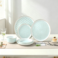 Service de table en porcelaine fine à bord doré géométrique, assiettes et bols en céramique de luxe, vaisselle pour mariage, hôtel, maison, anti-fuite, compatible lave-vaisselle