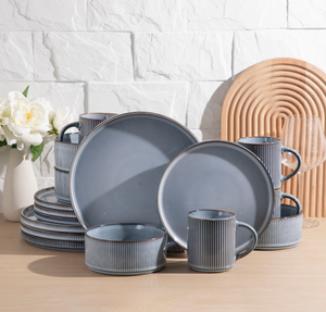 Factory Direct Custom Ribbed Stoneware <b>Dinner</b> <b>Set</b>, Mist Blue Vintage Ceramic Tableware Bulk Wholesale for Restaurant Hotel - Product Image 3