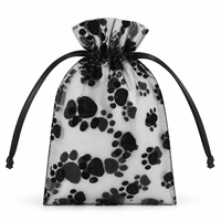 Sacs cadeaux en organza floqué Yolan 10x15cm avec cordon de serrage et ruban noir, motif patte d'animal, pour bijoux et faveurs de fête, en stock, prêts à être expédiés