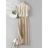 Ensemble 2 pièces pour femmes, chemise à manches courtes d'été, pantalon droit, pantalon décontracté en satin