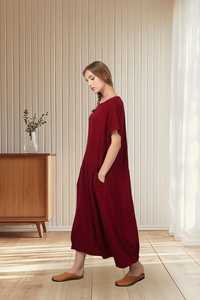 Vestido Maxi de Lino y Algodón Hecho a Mano para Mujer, Cintura Natural, Corte en A, Manga Corta, Ajuste Regular, Estilo Casual, Tallas Grandes, OEM - Product Image 2