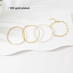 18K Echt Verguld Prachtige Parel Kristal Kraal Armband Stapel Paperclip Ketting Armband Dames Mode Sieraden