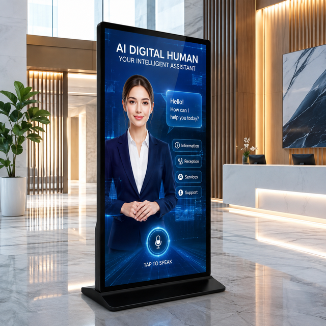 Full Screen Floor Standing Digital Signage Kiosk 4K Interactive LCD Display with AI Digital Human Voice Assistant and Remote CMS