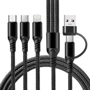Cable de datos 5 en 1 con trenzado de nailon, carga rápida para dispositivos Apple con conectores tipo C y Lightning, 1m de longitud, color negro - Product Image 1