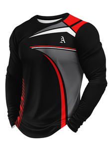 Camiseta de Satén de Manga Larga con Estampado y Bordado 3D para Hombre, Diseño Negro, Rojo y Blanco, Cuello en V, Corte Regular, Transpirable - Product Image 1
