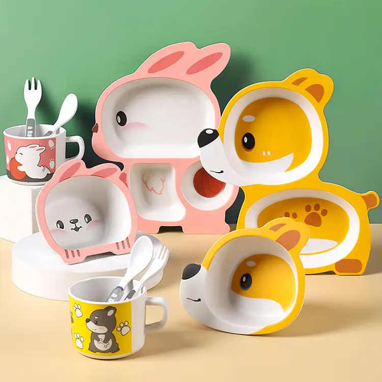 Cute Design BPA Free 5pcs Food Grade Bamboo Fiber Kids Tableware Melamine Children Dinnerware Sets