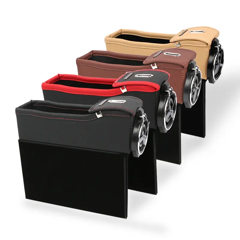 Caja de almacenamiento para hueco de asiento delantero de coche, soporte de vaso multifunción de cuero