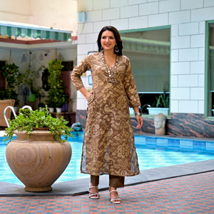 Elegant Taupe Brown 60x60 Cotton Printed <b>Kurta</b> Pant Set with Mirror Work Neckline and All Over Floral Design for <b>Women</b> - Product Image 1