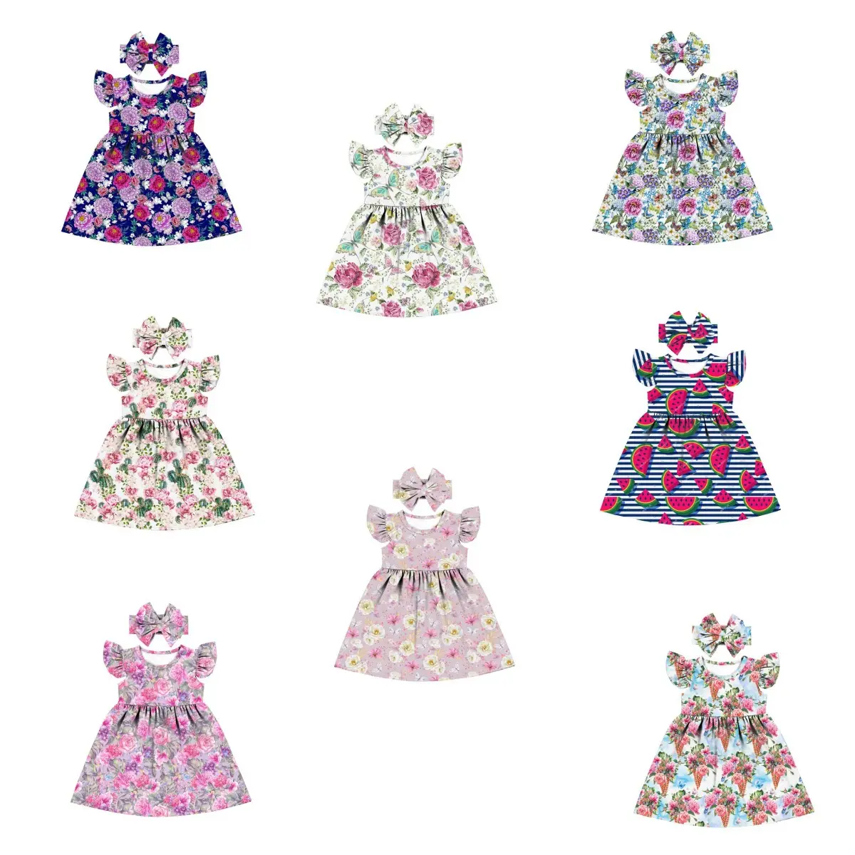 2022 Spring Floral little girls dress with bow Flutter sleeve girl dresses 6 to 14 years Princess formal dresses for girls