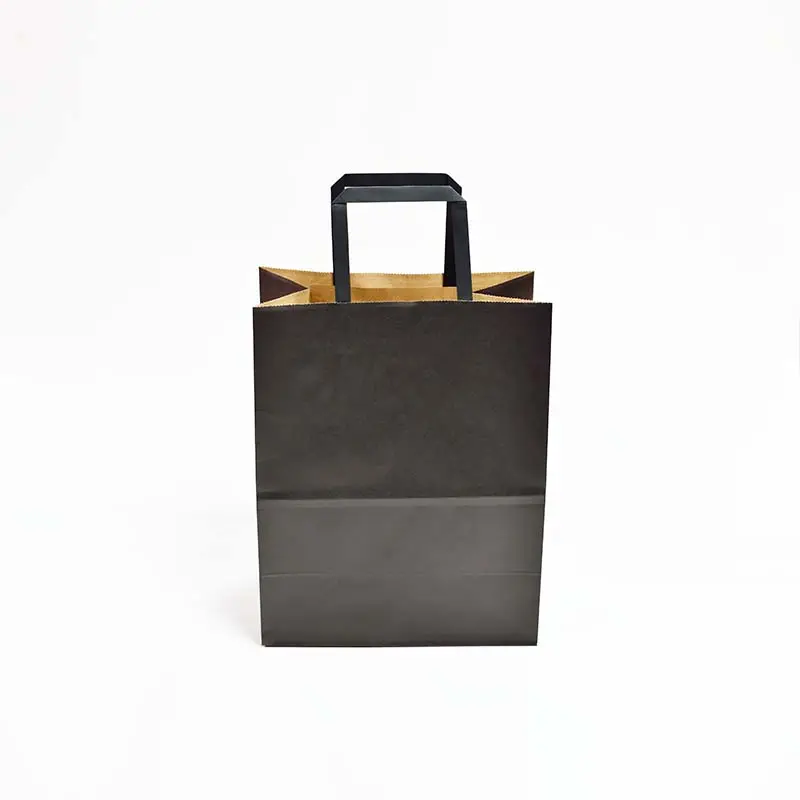 Sacco di imballaggio da asporto personalizzato per la consegna di cibo da asporto con manico piatto con Logo da asporto sacchetto di carta Kraft marrone