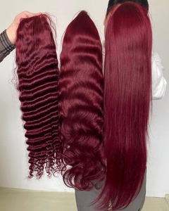 批发99j勃艮第蕾丝正面假发，巴西人发蕾丝正面红色假发，100处女黑色女性深卷发假发 - Product Image 3