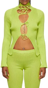 Fashion Women Sexy Cut Out Long Sleeve Sweater Turtleneck Self Tie Open Front Rib Knitted Cardigan