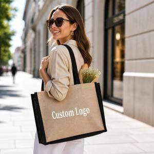 Custom Logo Two-Tone Natural Jute Tote <b>Bag</b> Black Rope Handles Burlap Shopping <b>Bag</b> - Product Image 2
