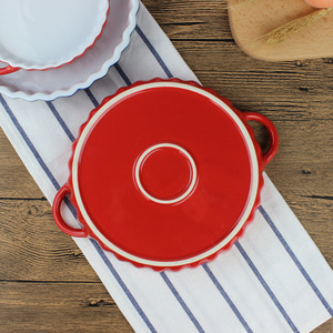 Solid Color <b>Ceramic</b> Double-Handled Wavy Baking <b>Pan</b>, 6-inch, Western Style Simple Baking Dish, Round Plate, Cake, Western Food, - Product Image 1