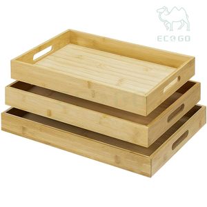 Plateaux de service en bambou de qualité supérieure Plateau en bois 3x élégant avec poignées en bambou véritable Plateaux à thé impressionnants Grands moyens petits - Product Image 4