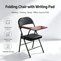 Chaise de bureau pliante ergonomique moderne avec dossier, cadre métallique et tablette d'écriture