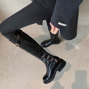 Women's Dark Brown Leather Equestrian <b>Boots</b> with Buckle Strap Low Heel Round Toe Riding Style Knee High Footwear - Product Image 2