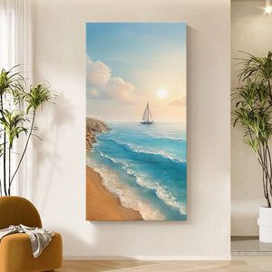Hand Painted Oil Painting Seascape Mural 3D Effect Sunrise Beach Scene Wall <b>Art</b> For Hallway Entryway Decor Unframed - Product Image 5
