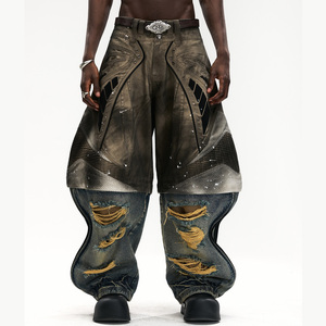 Jeans Denim Svasati <span class=keywords><strong>Avant</strong></span>-<span class=keywords><strong>Garde</strong></span> con Inserti, Effetto Usurato, Lavaggio Sporco, Frange, Multi Tasche, Gamba Larga, Stile Streetwear, Personalizzabili dal Produttore - Product Image 2