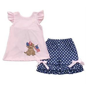 Ropa Infantil al por Mayor para el 4 de Julio, Conjuntos de Pantalones Cortos con Bordado de Cachorro y Bandera Americana, Ropa Casual de Verano para el Día Patriótico - Product Image 2