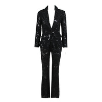 ADYABY Ensemble deux pièces sexy pour femme, pantalon long moulant à découpes, broderie dentelle et sequins, transparent