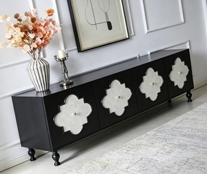 <b>Black</b> & White Quatrefoil Pattern TV Stand, Modern Media <b>Console</b> with Turned Legs for Living Room - Product Image 6