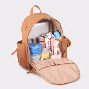 OEM brown pu leather diaper backpack bag with changing pad and coin purse