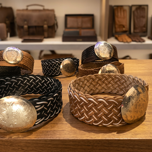 Ceintures tressées en cuir véritable avec conchos argentés, style classique, unisexe, marron, noir, design tissé - Product Image 1