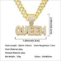 Chaîne cubaine avec alliage et pendentif lettre QUEEN en CZ brillant, collier hip hop