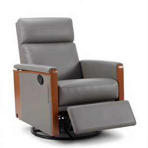 Sillón Reclinable Giratorio Moderno de Cuero Sintético Gris, Estructura de Madera, Operación Manual, Asiento Acolchado, Brazos Acolchados Ecológicos, para Sala de Estar - Product Image 1