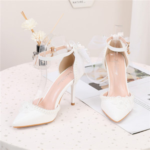 S4638F - Nuevos Zapatos de Novia para Mujer, Color Blanco Puro, con Hebilla y Lazo, Punta Puntiaguda, Tacón de Aguja, para Banquete - Product Image 2